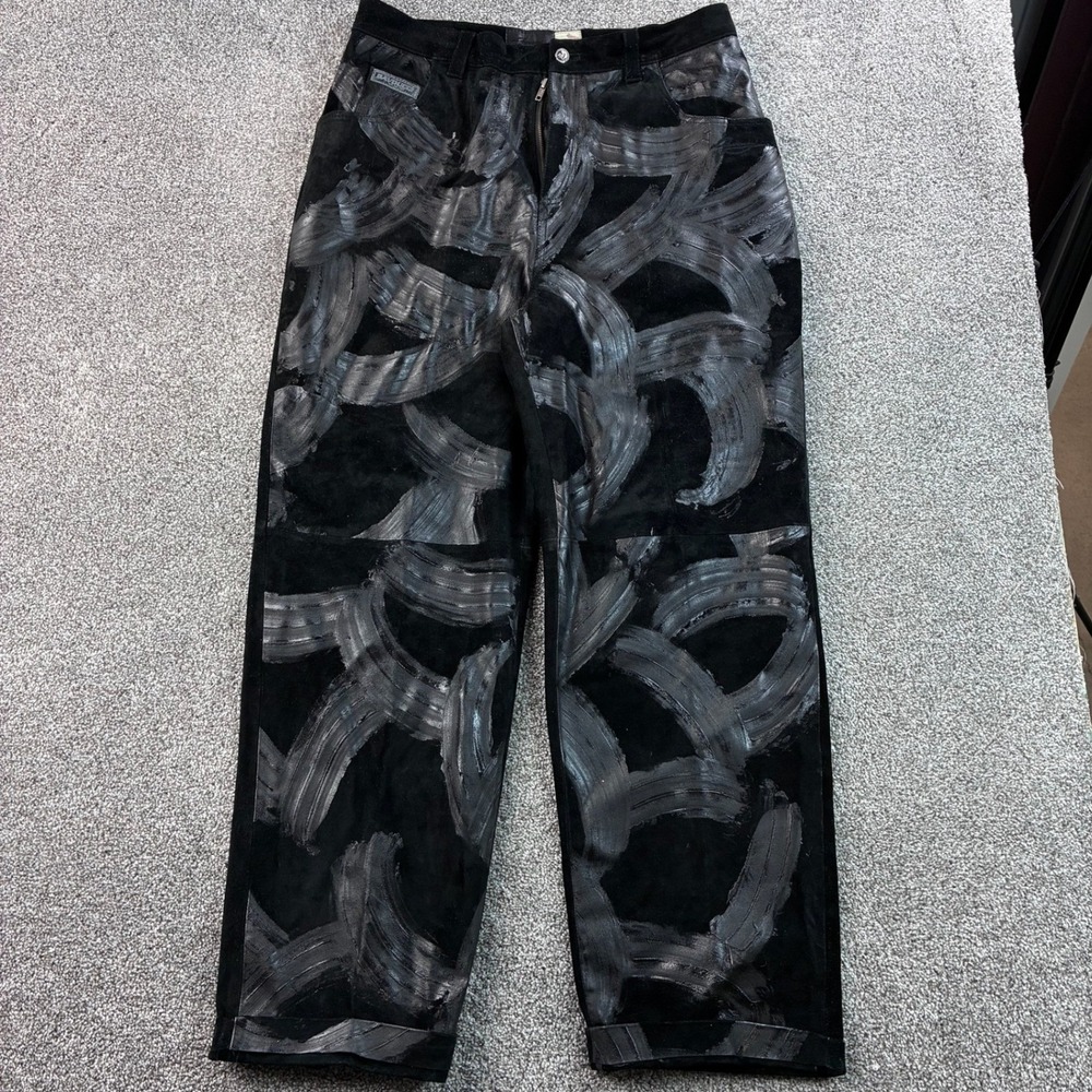 Vintage Davoucci Leather Pants Mens 36 Black Suede Metallic Brush Stroke FLAWED